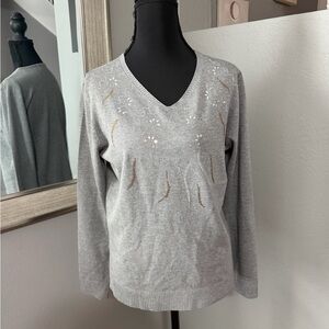Cocobleu Gray Embellished Knit V-Neck Sweater Size Small.